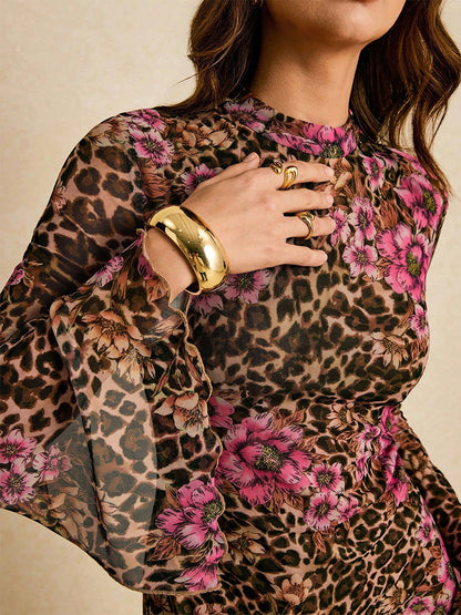 Leopard Floral Slit Flare Sleeve Mini Dress For Women 2026