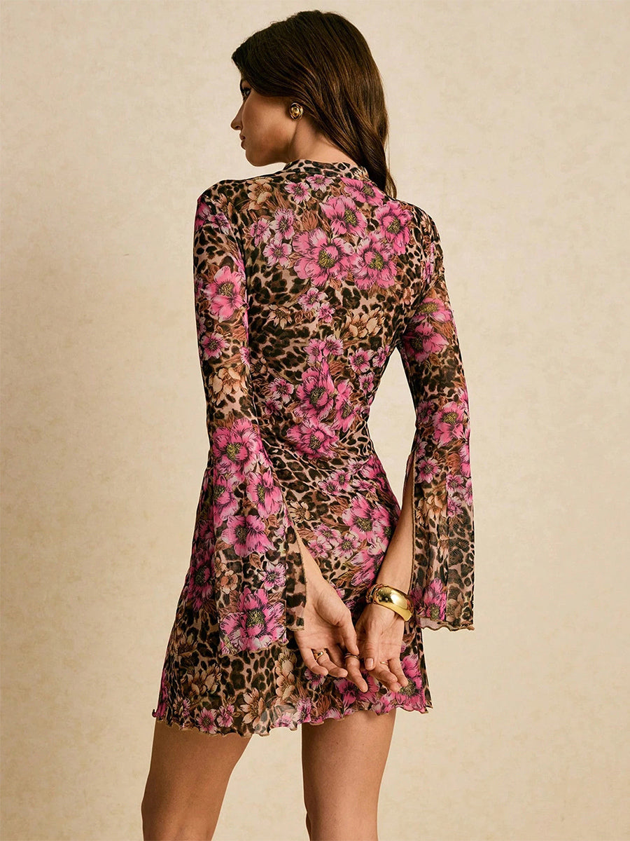 Leopard Floral Slit Flare Sleeve Mini Dress For Women 2026