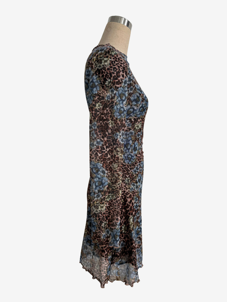 Leopard Floral Slit Flare Sleeve Mini Dress For Women 2026