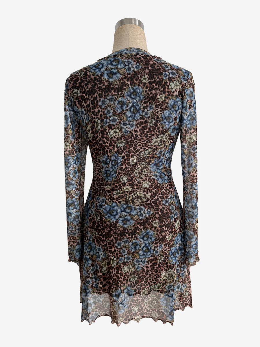 Leopard Floral Slit Flare Sleeve Mini Dress For Women 2026
