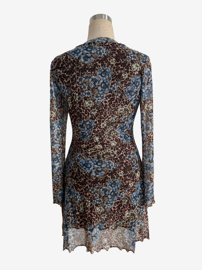 Leopard Floral Slit Flare Sleeve Mini Dress For Women 2026