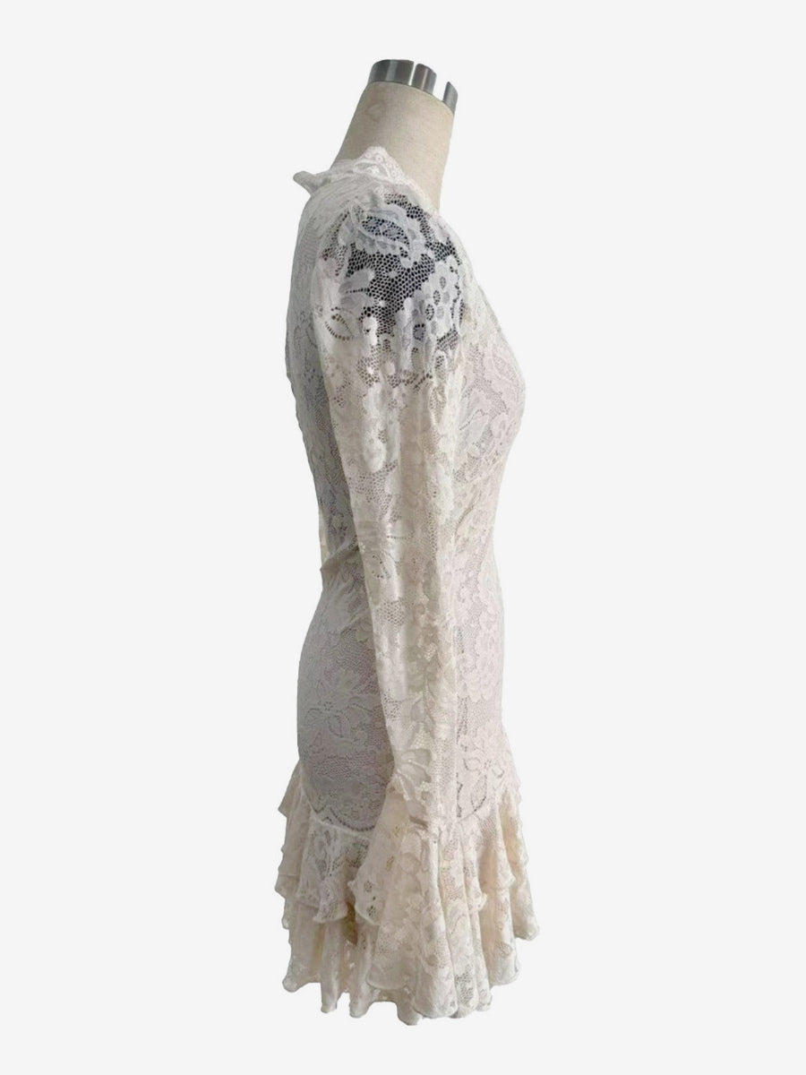 V Neck Lace Layered Ruffle Hem Long Sleeve Mini Dress For Women 2026