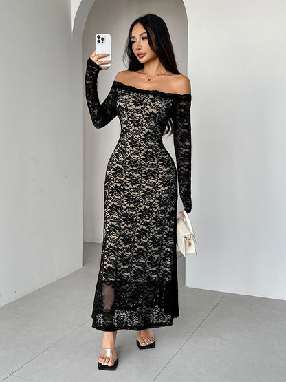 Off Shoulder Lace Long Sleeve Bodycon Maxi Dress For Women 2026