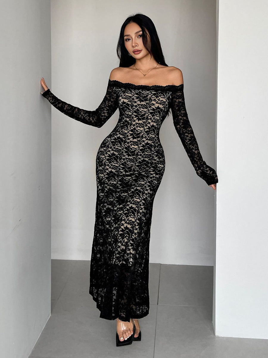 Off Shoulder Lace Long Sleeve Bodycon Maxi Dress For Women 2026