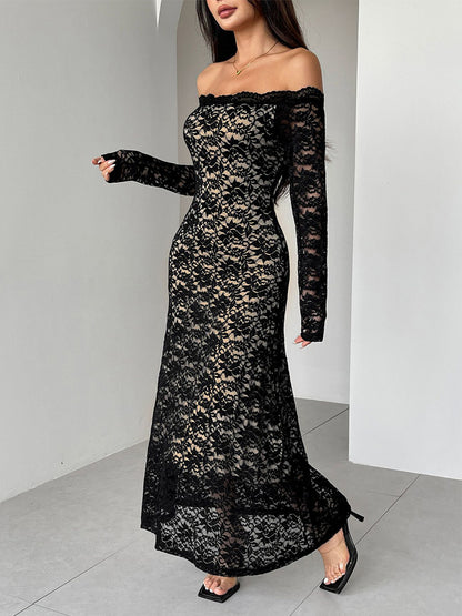 Off Shoulder Lace Long Sleeve Bodycon Maxi Dress For Women 2026