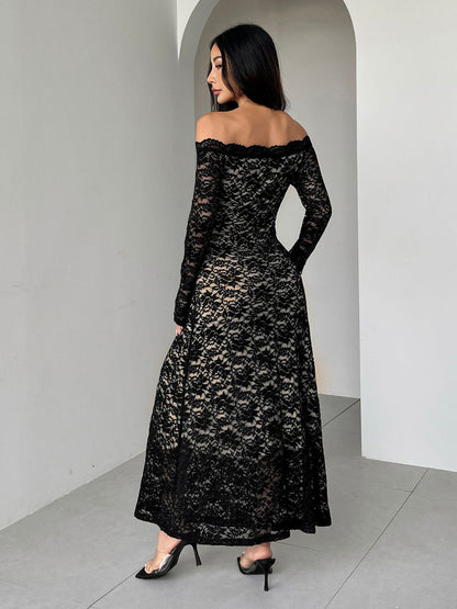 Off Shoulder Lace Long Sleeve Bodycon Maxi Dress For Women 2026