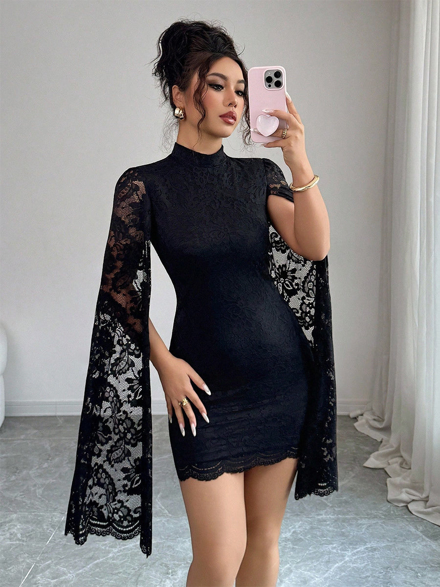Cape Sleeve High Neck Floral Lace Bodycon Mini Dress For Women 2026