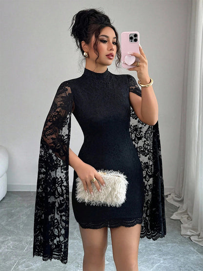 Cape Sleeve High Neck Floral Lace Bodycon Mini Dress For Women 2026