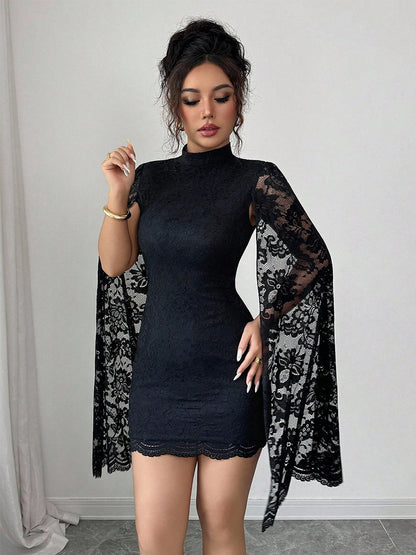 Cape Sleeve High Neck Floral Lace Bodycon Mini Dress For Women 2026
