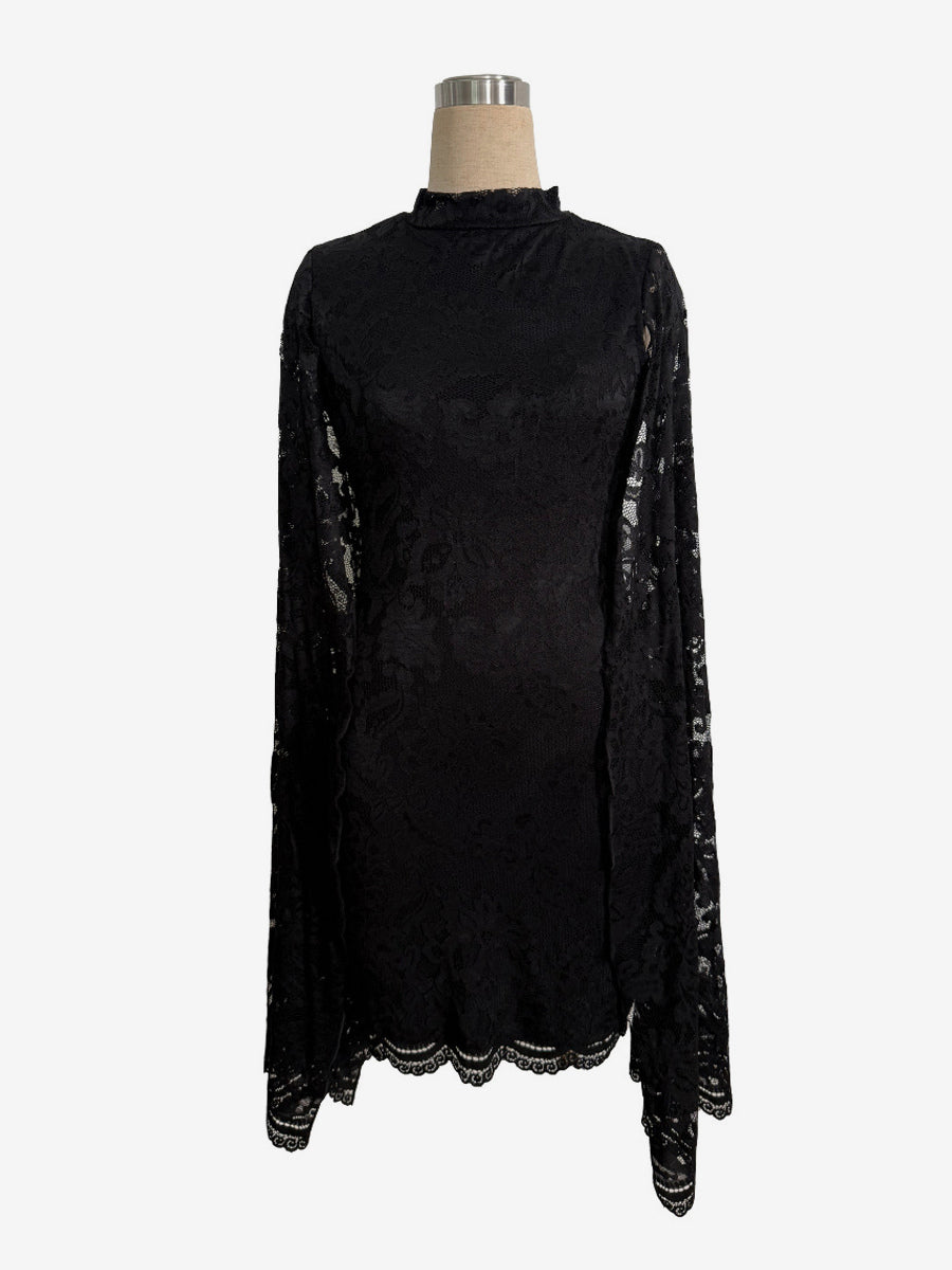 Cape Sleeve High Neck Floral Lace Bodycon Mini Dress For Women 2026