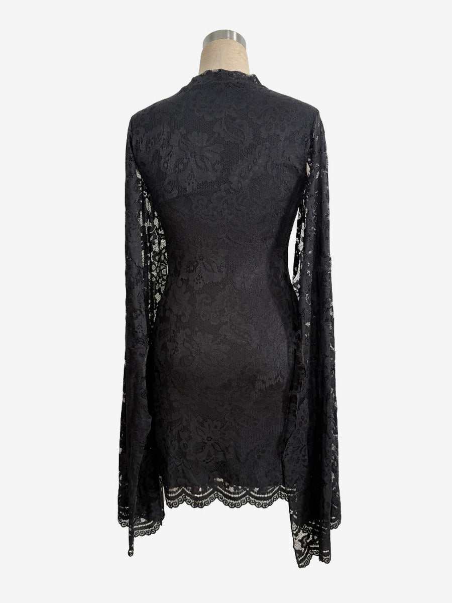 Cape Sleeve High Neck Floral Lace Bodycon Mini Dress For Women 2026