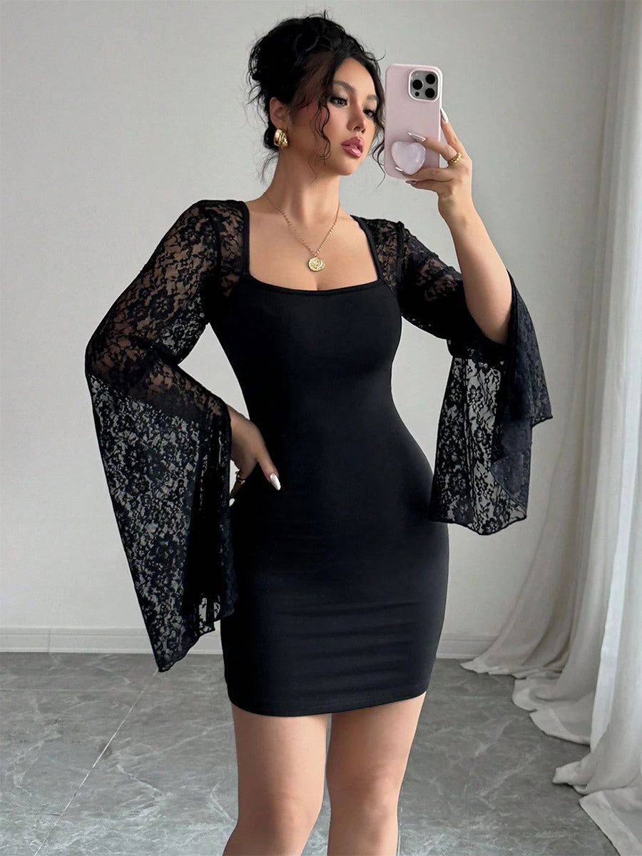 Square Neck Lace Flare Long Sleeve Bodycon Mini Dress For Women 2026