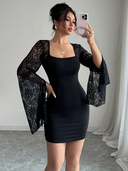 Square Neck Lace Flare Long Sleeve Bodycon Mini Dress For Women 2026