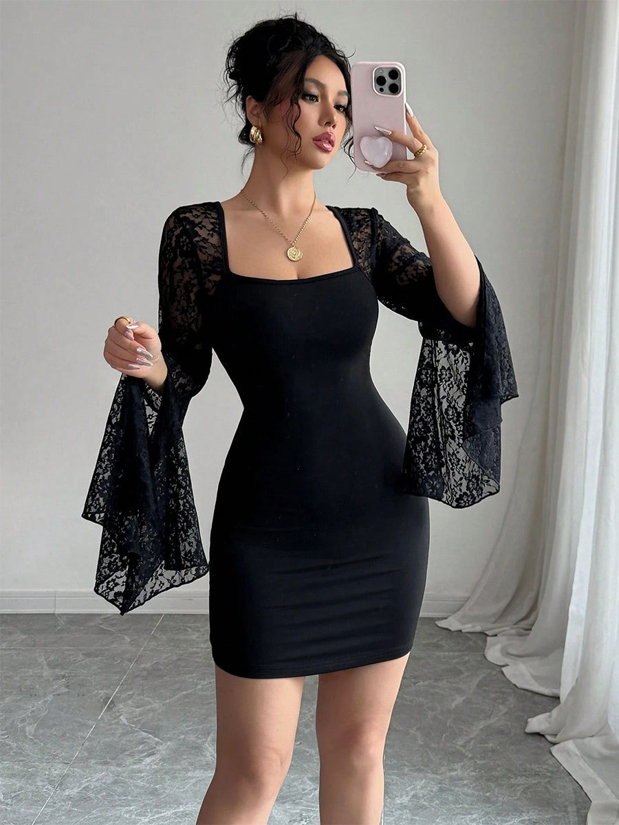 Square Neck Lace Flare Long Sleeve Bodycon Mini Dress For Women 2026