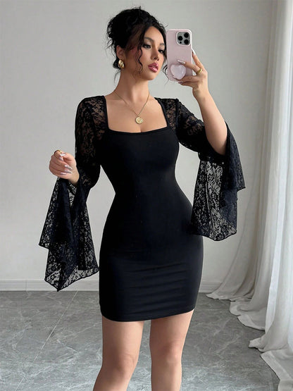 Square Neck Lace Flare Long Sleeve Bodycon Mini Dress For Women 2026