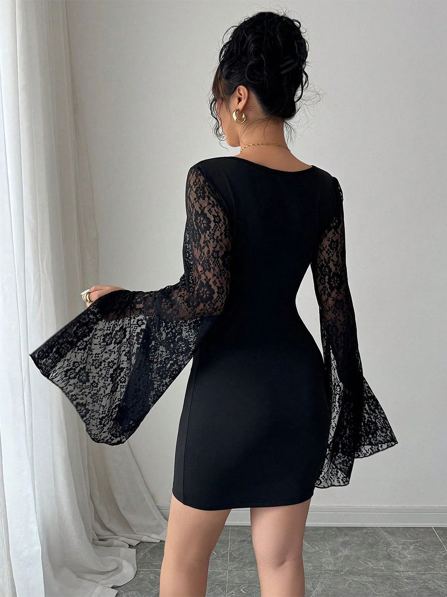 Square Neck Lace Flare Long Sleeve Bodycon Mini Dress For Women 2026