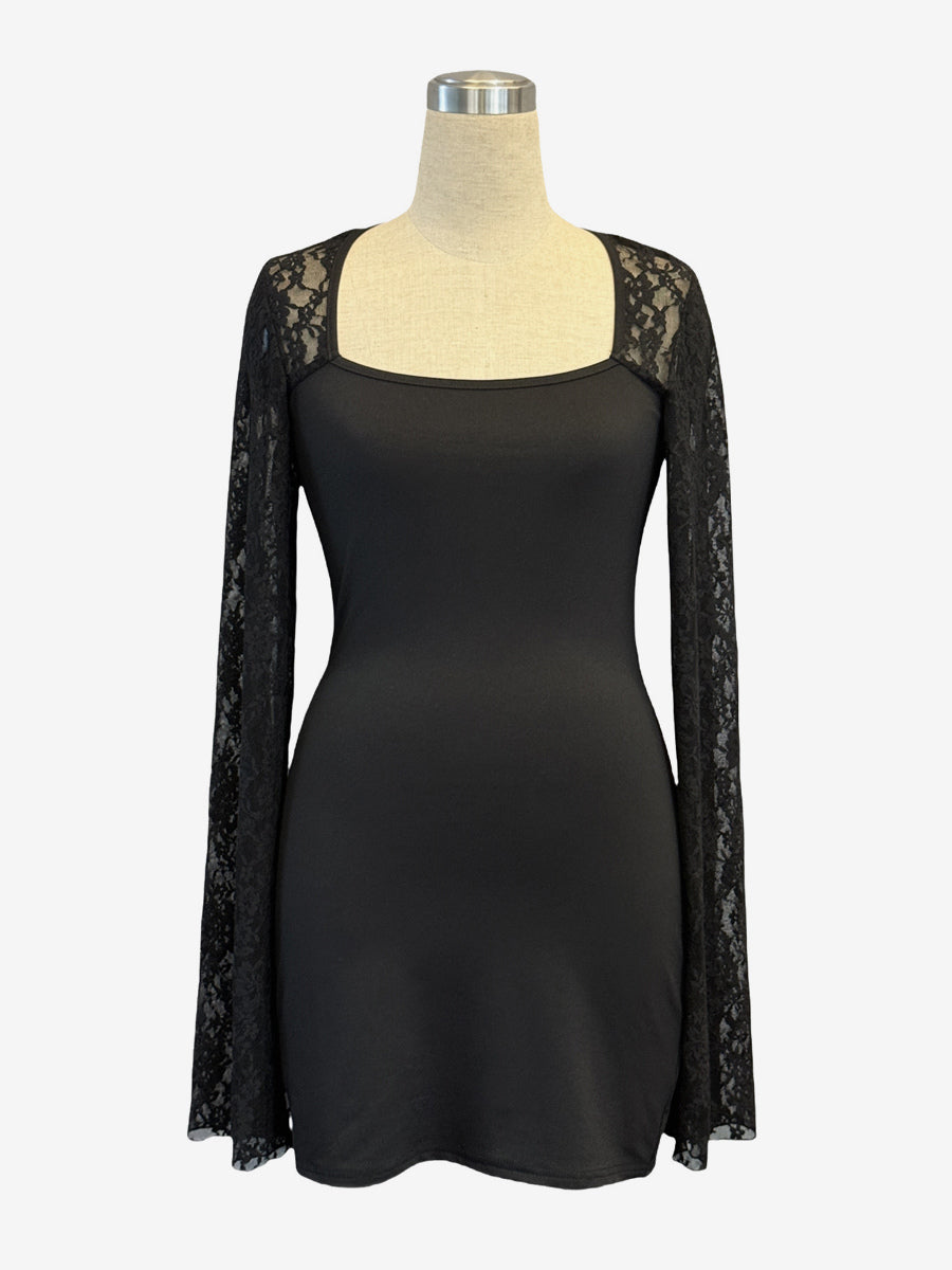 Square Neck Lace Flare Long Sleeve Bodycon Mini Dress For Women 2026