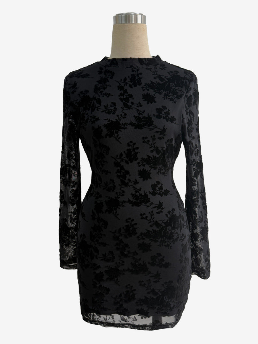 Flocked Floral Cutout Back Long Sleeve Bodycon Mini Dress For Women 2026