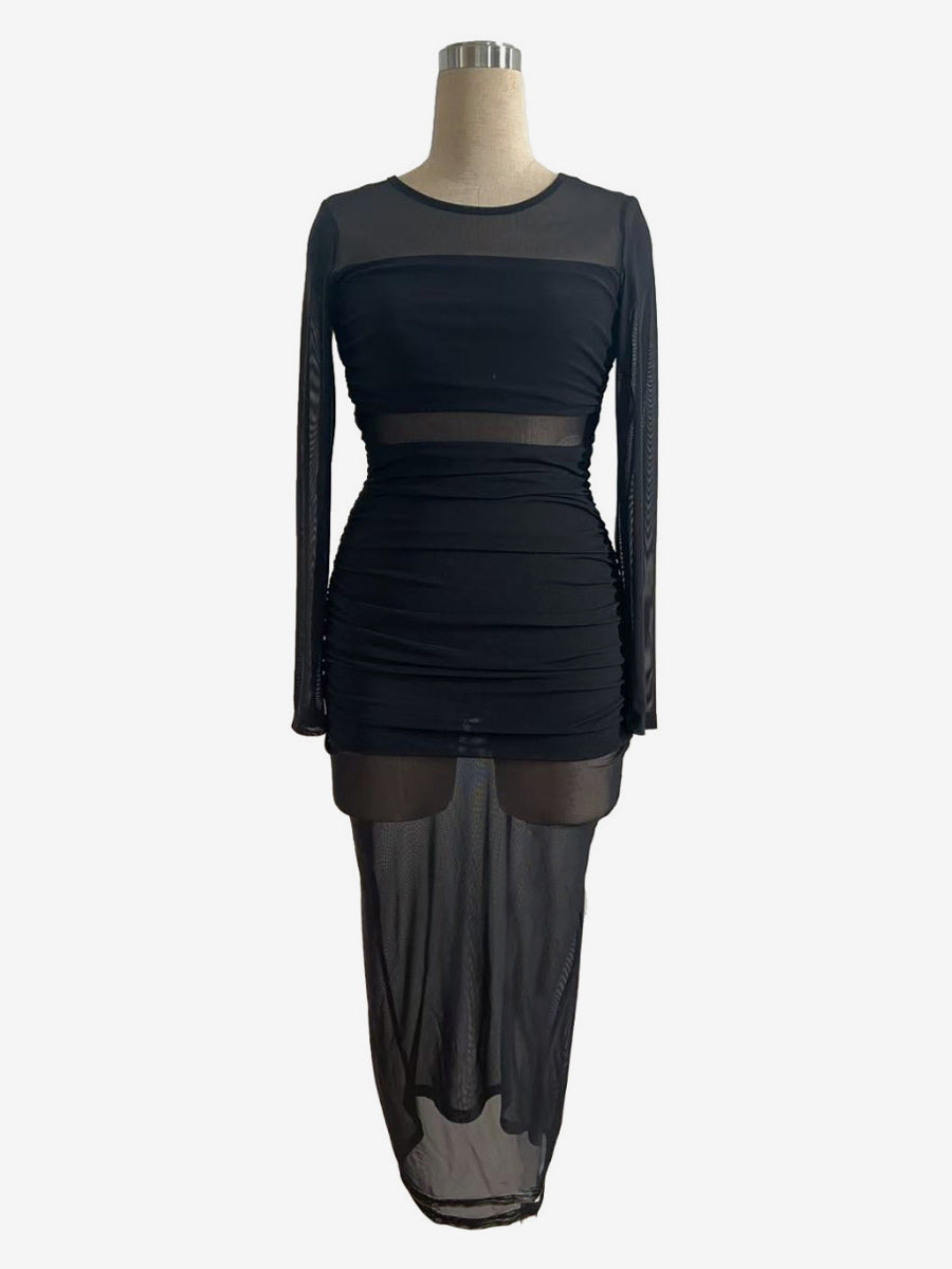 Ruched Mesh Patchwork Long Sleeve Bodycon Maxi Dress For Women 2026