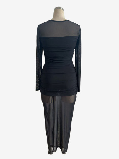 Ruched Mesh Patchwork Long Sleeve Bodycon Maxi Dress For Women 2026