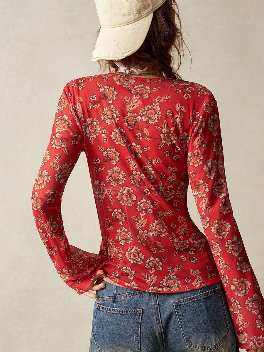 Floral Print Ruched Button Up Long Sleeve Slim Fit Shirt For Women 2026