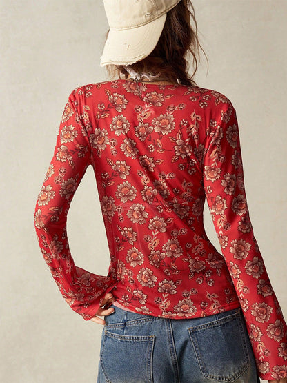 Floral Print Ruched Button Up Long Sleeve Slim Fit Shirt For Women 2026