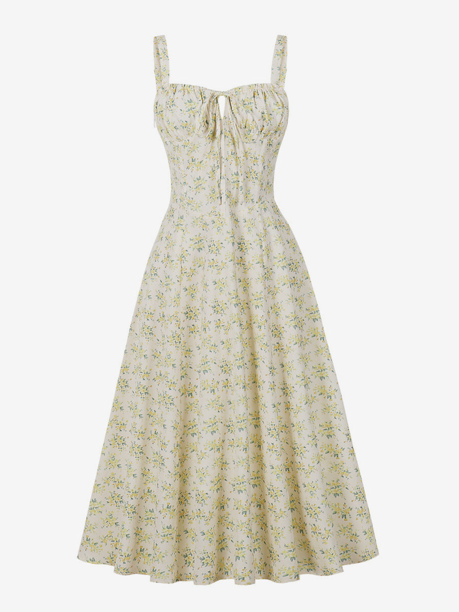 Floral Print Ruched Bust Sleeveless A Line Midi Tea Dress For Women 2026