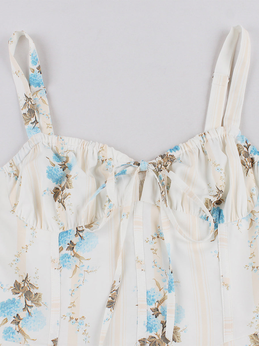 Floral Print Ruched Bust Sleeveless A Line Midi Tea Dress For Women 2026