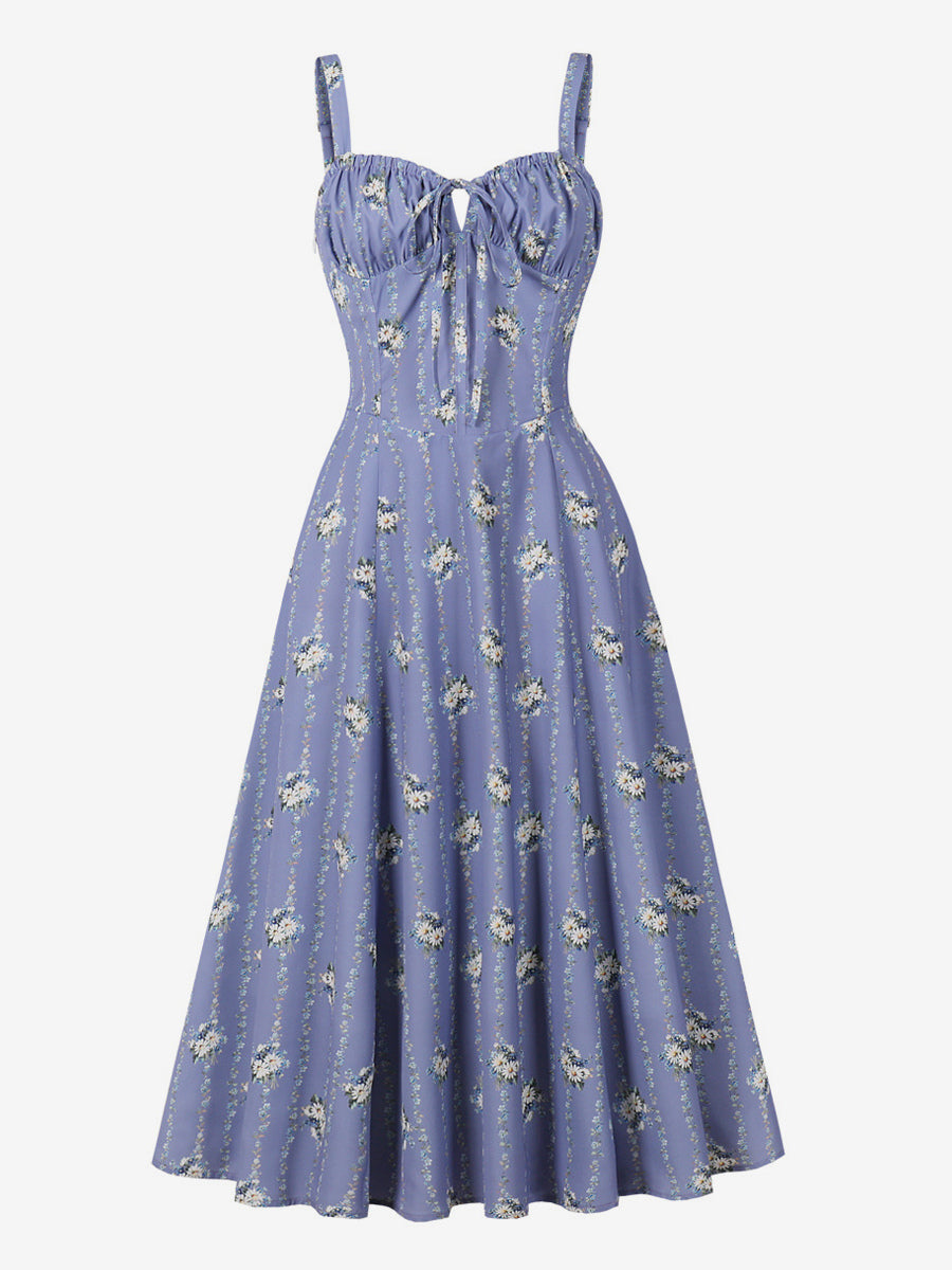 Floral Print Ruched Bust Sleeveless A Line Midi Tea Dress For Women 2026
