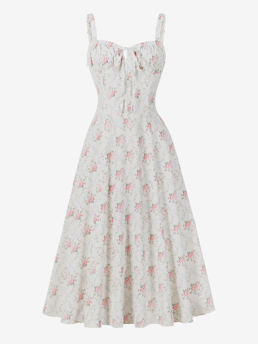 Floral Print Ruched Bust Sleeveless A Line Midi Tea Dress For Women 2026