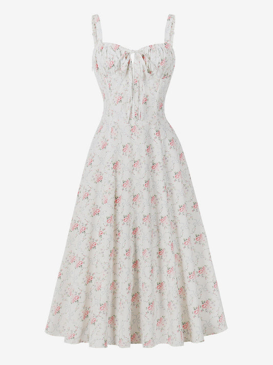 Floral Print Ruched Bust Sleeveless A Line Midi Tea Dress For Women 2026