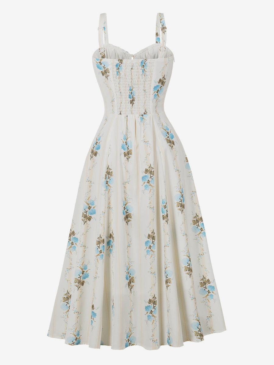 Floral Print Ruched Bust Sleeveless A Line Midi Tea Dress For Women 2026