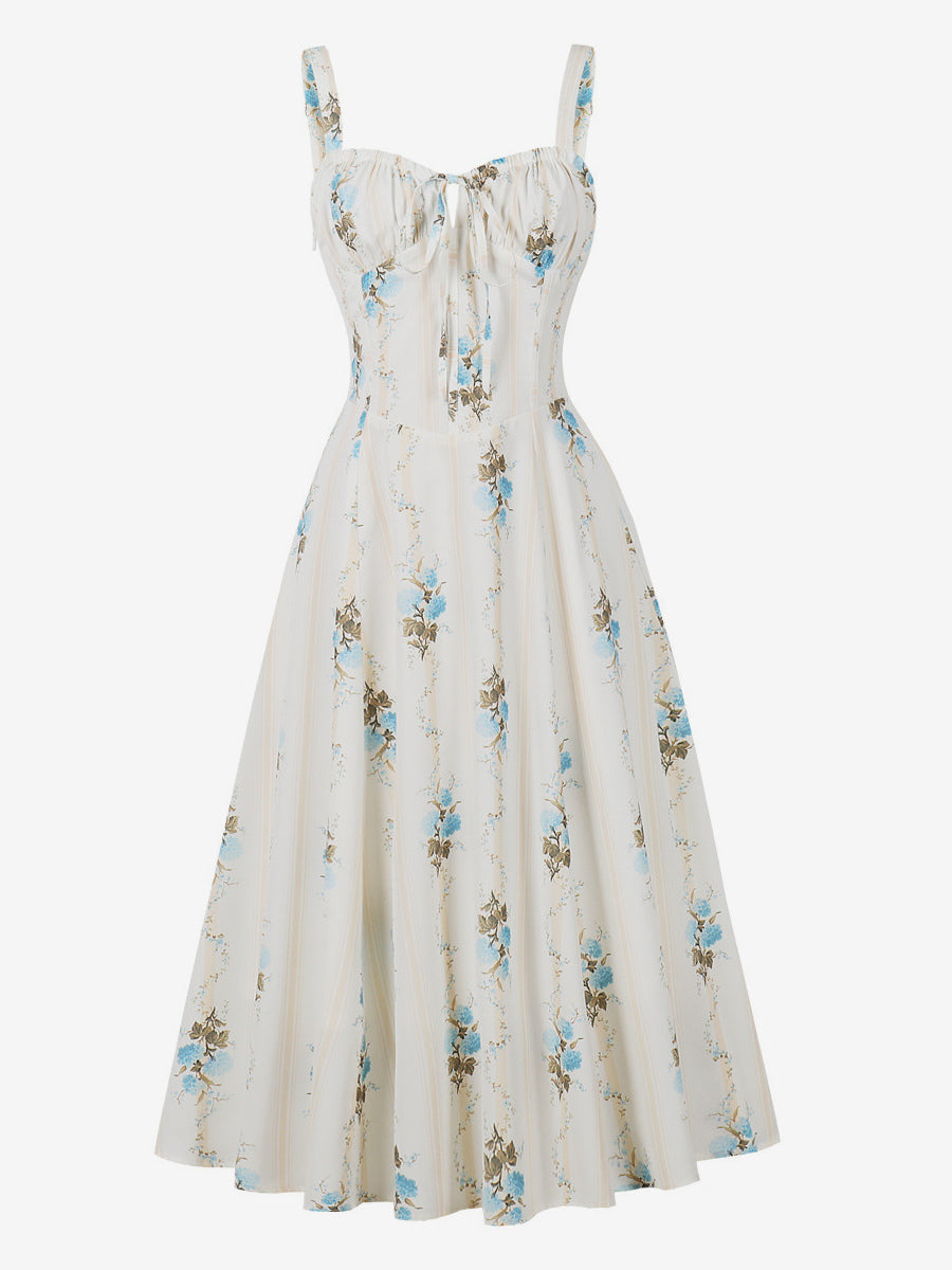 Floral Print Ruched Bust Sleeveless A Line Midi Tea Dress For Women 2026