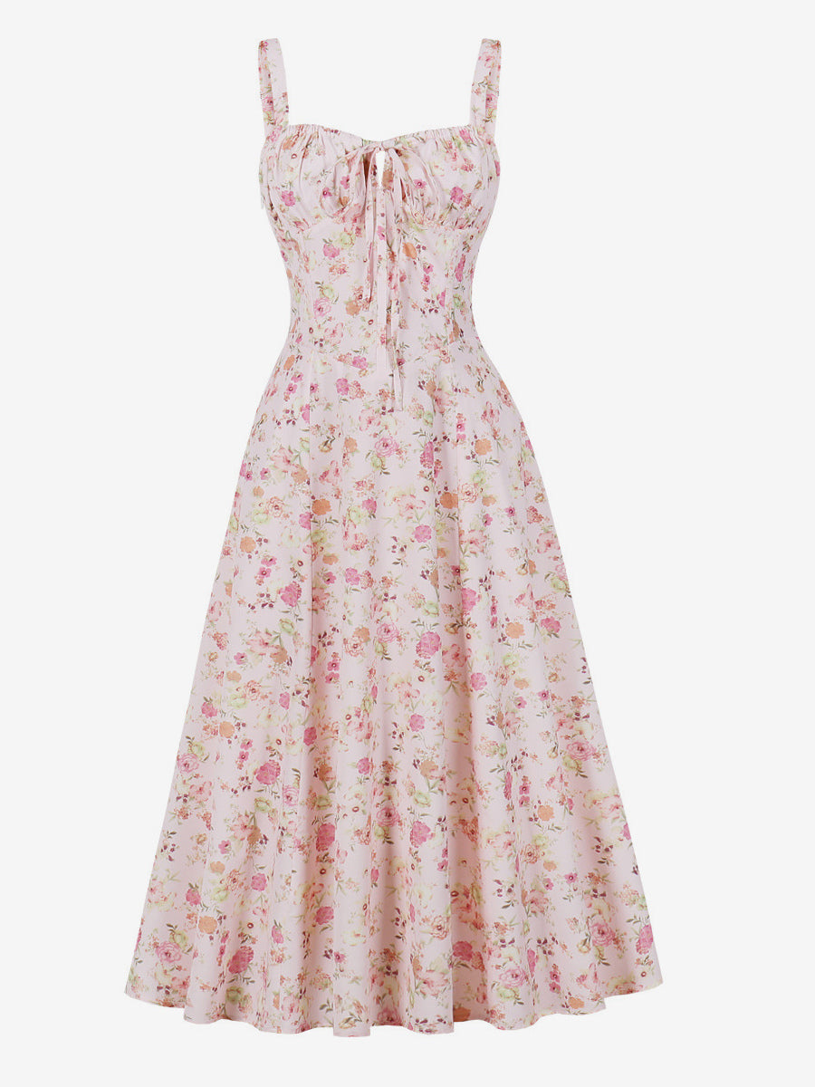 Floral Print Ruched Bust Sleeveless A Line Midi Tea Dress For Women 2026