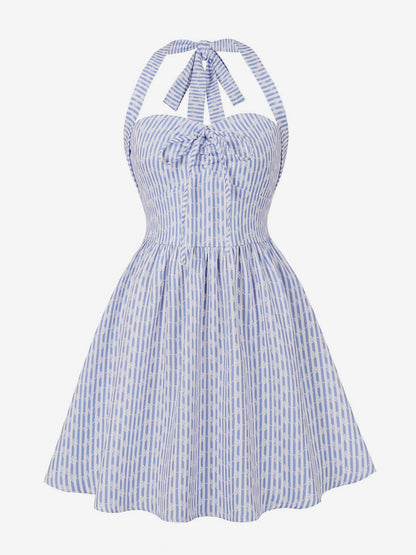 Striped Halter Neck Floral Print A Line Summer Sundress For Women 2026