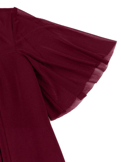 Mesh Patchwork Sheer Sleeve Round Neck Elegant Party Flare Dress For Women 2026