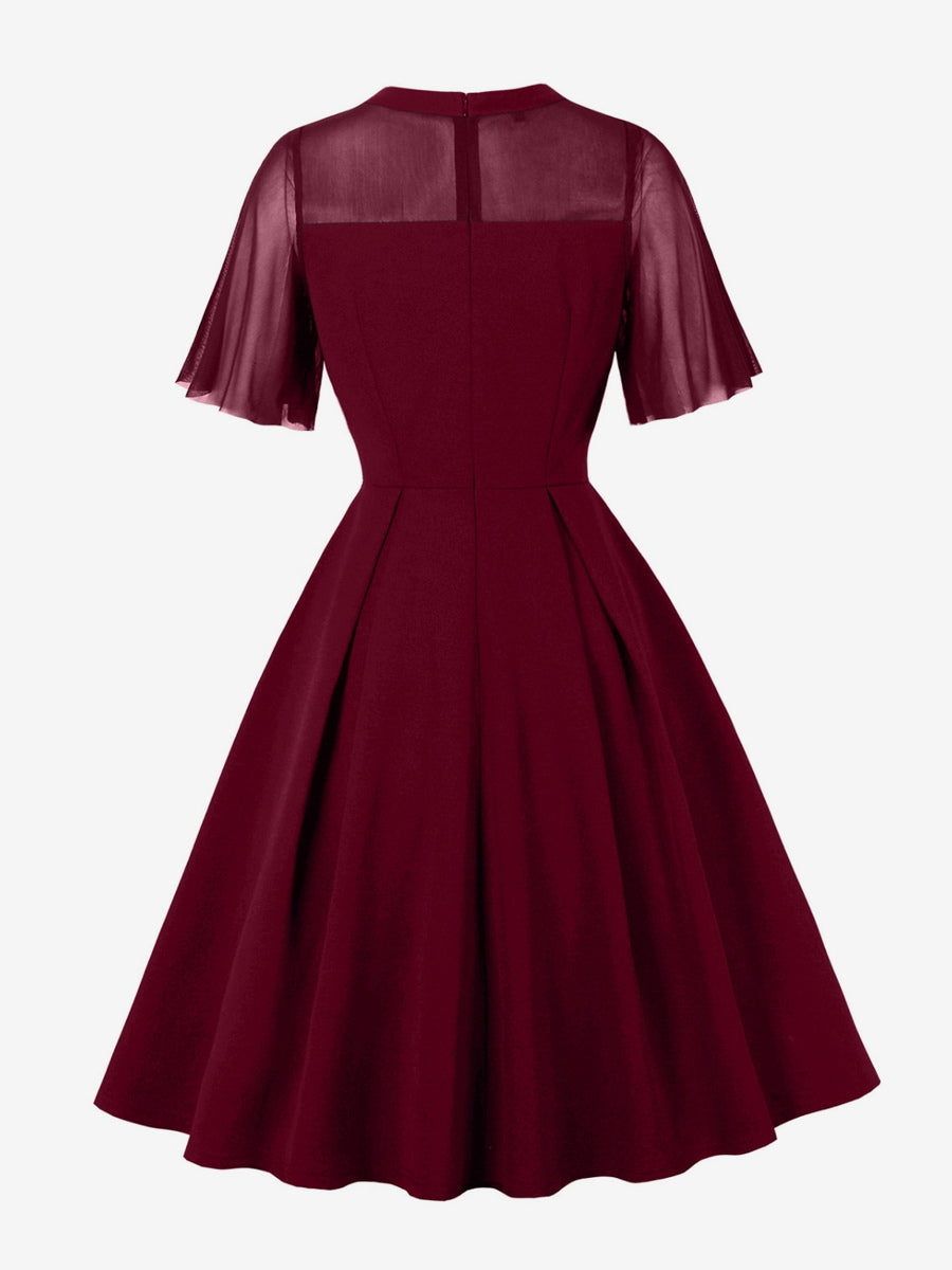Mesh Patchwork Sheer Sleeve Round Neck Elegant Party Flare Dress For Women 2026