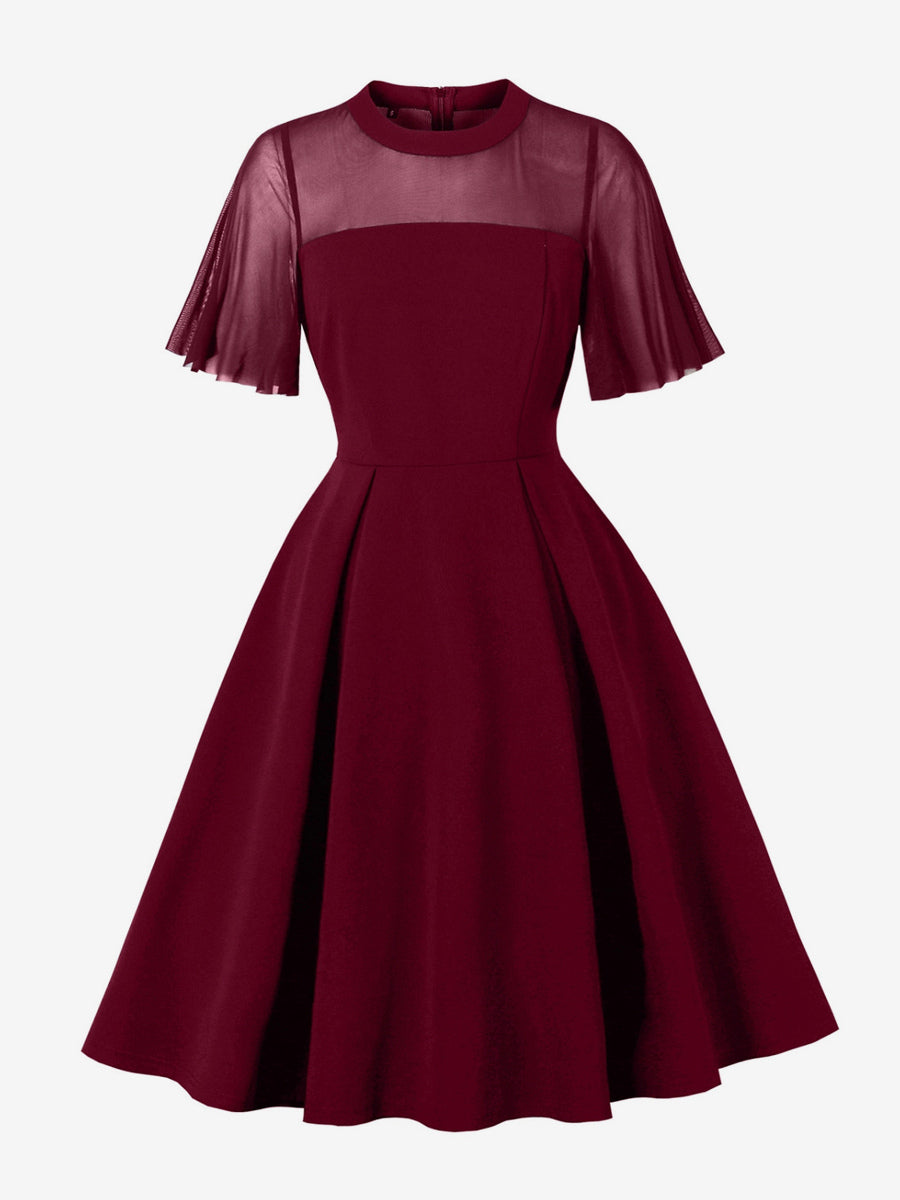 Mesh Patchwork Sheer Sleeve Round Neck Elegant Party Flare Dress For Women 2026