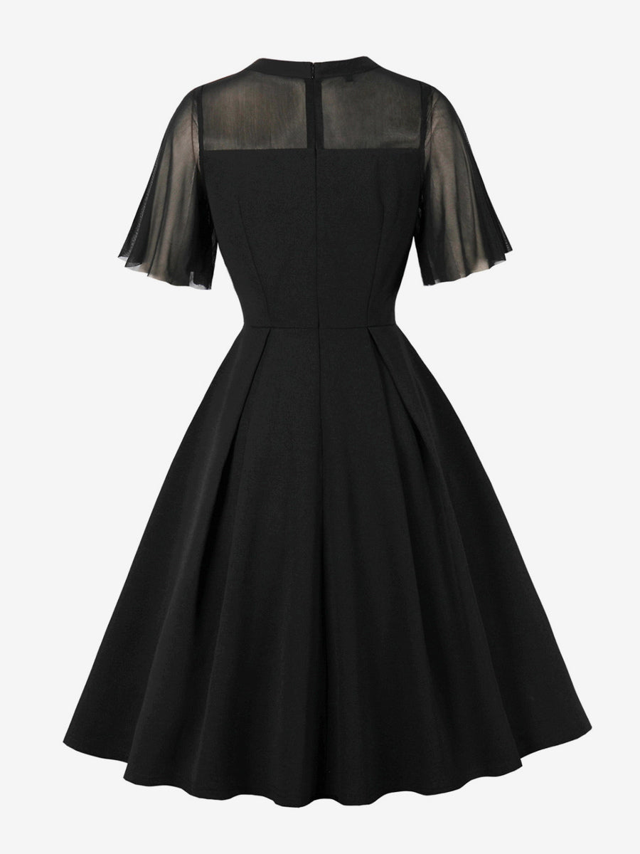 Mesh Patchwork Sheer Sleeve Round Neck Elegant Party Flare Dress For Women 2026