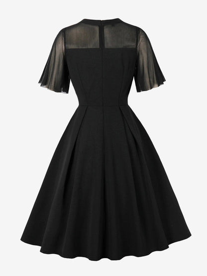 Mesh Patchwork Sheer Sleeve Round Neck Elegant Party Flare Dress For Women 2026