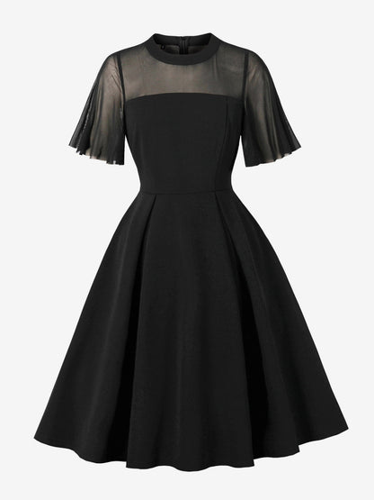Mesh Patchwork Sheer Sleeve Round Neck Elegant Party Flare Dress For Women 2026