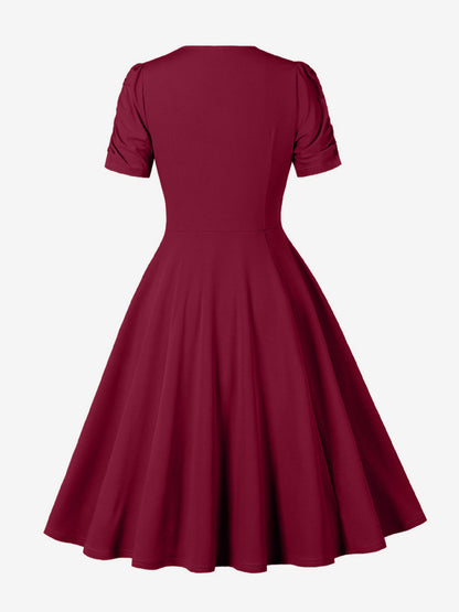 V Neck Ruched Bust Short Sleeve A Line Swing Cocktail Dress For Women 2026