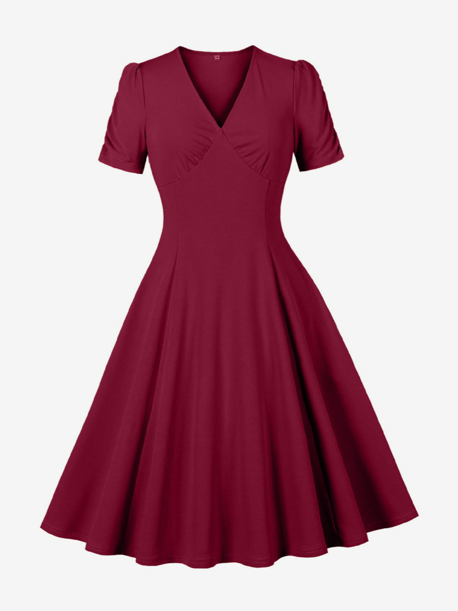 V Neck Ruched Bust Short Sleeve A Line Swing Cocktail Dress For Women 2026