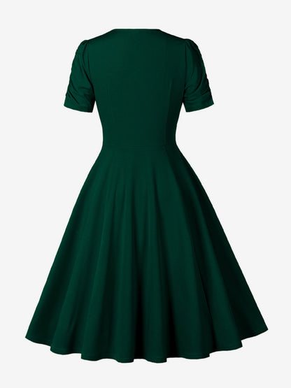 V Neck Ruched Bust Short Sleeve A Line Swing Cocktail Dress For Women 2026