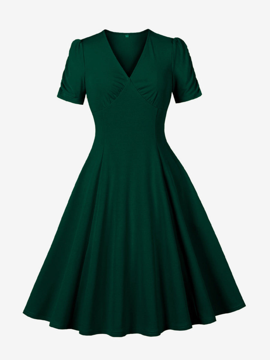 V Neck Ruched Bust Short Sleeve A Line Swing Cocktail Dress For Women 2026