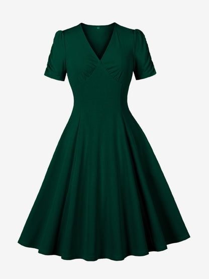V Neck Ruched Bust Short Sleeve A Line Swing Cocktail Dress For Women 2026