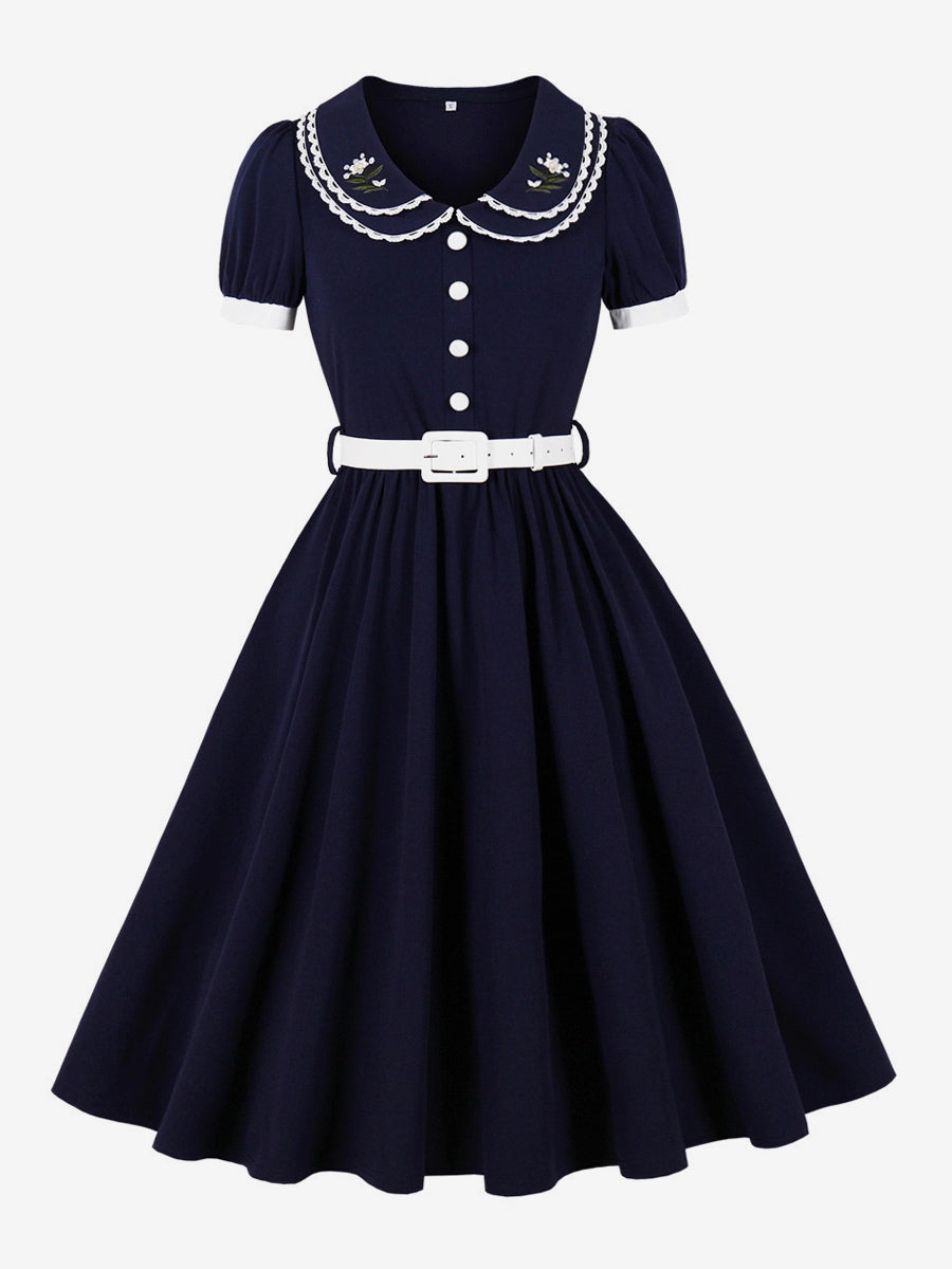 Double Layer Peter Pan Collar Embroidery Puff Sleeve Swing Dress For Women 2026