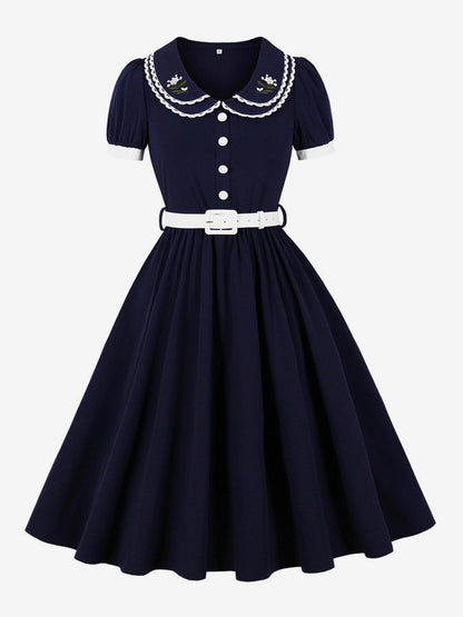 Double Layer Peter Pan Collar Embroidery Puff Sleeve Swing Dress For Women 2026