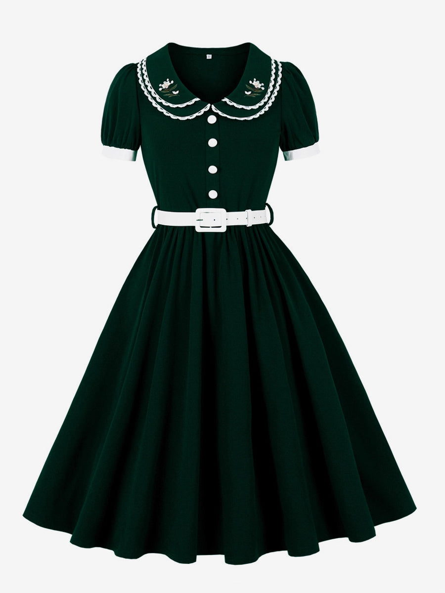 Double Layer Peter Pan Collar Embroidery Puff Sleeve Swing Dress For Women 2026