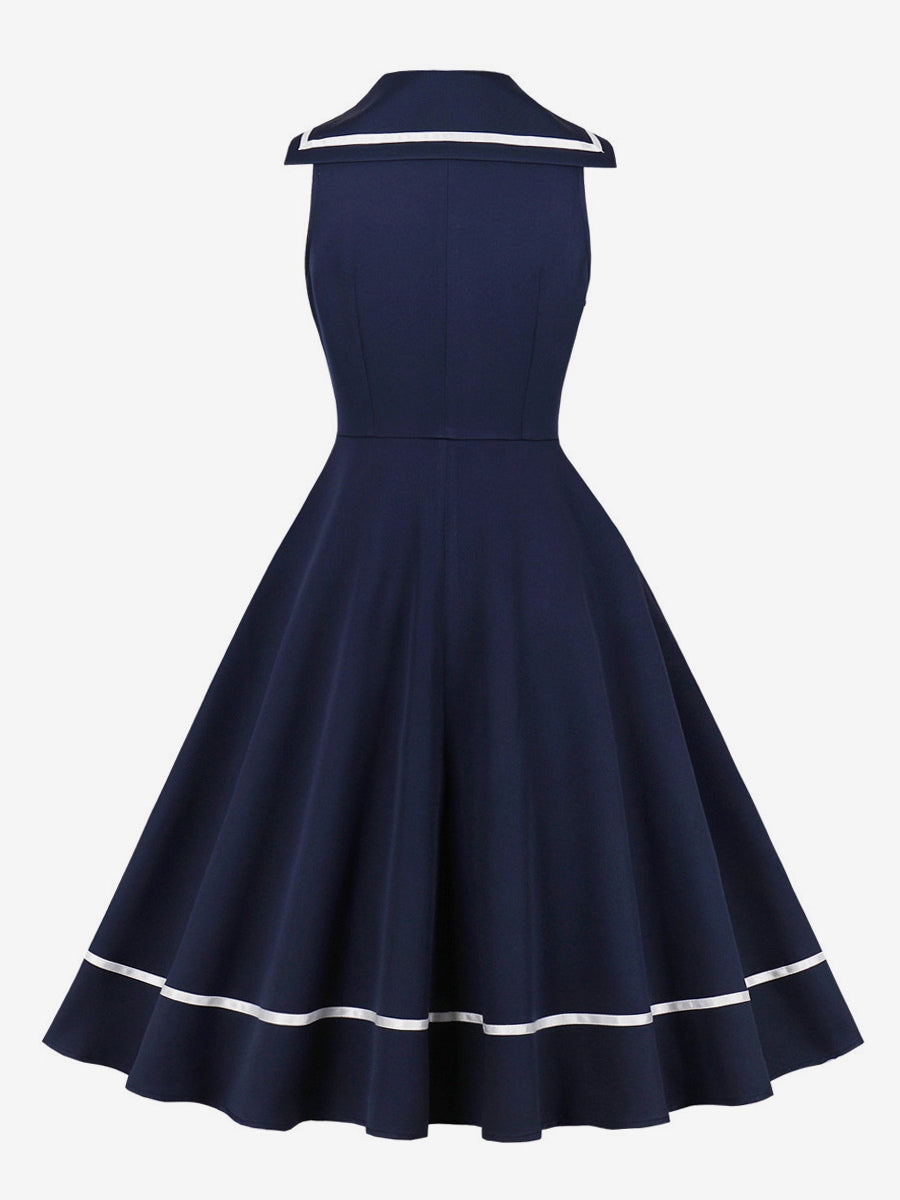 Sailor Collar Bow Knot Sleeveless Retro Swing A-Line Dress For Women 2026